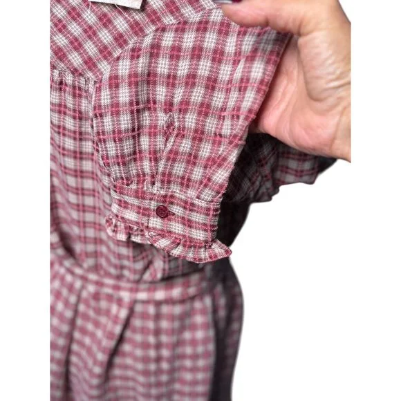 NEW Hem & Thread Womens M Plaid Shirtdress Ruffle Pink White Botton Long Sleeve - Picture 4 of 15
